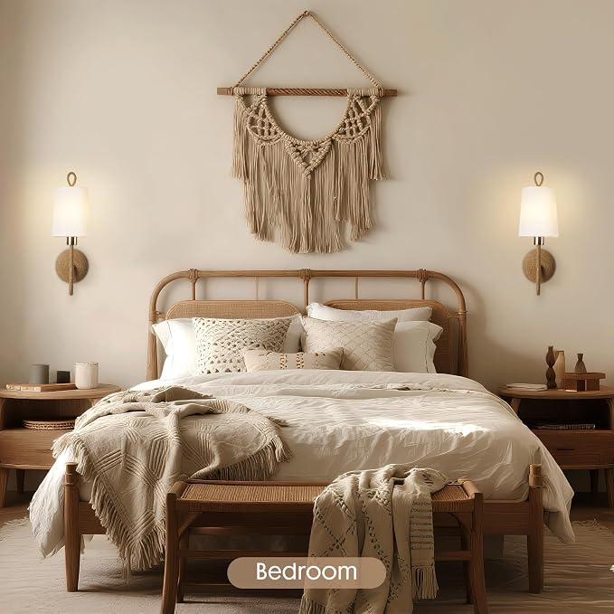 Set of 2 Boho Wall Sconce Lamps – Wireless Cordless LED Wall Lights with Remote, Rechargeable 4500mAh Battery Operated Rattan Gold Light Fixtures for Bedroom, Living Room, Bathroom, or Bedside