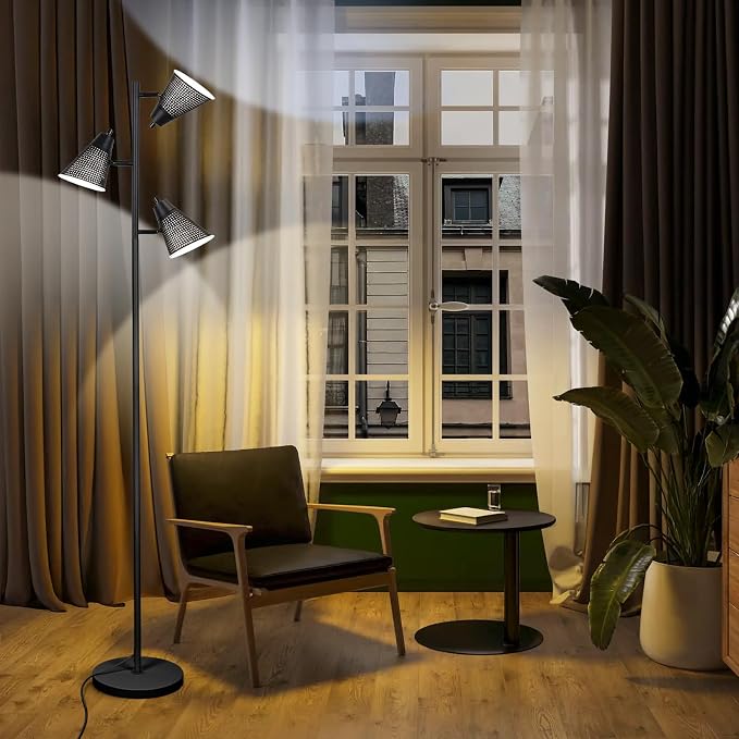 LALISU Tree Floor Lamp for Living Room, Industrial 3-Light Standing Lamp with 3 LED Bulbs, Adjustable Rotation Heads, Standing Tall Pole Lamp Reading Lamps for Bedroom Office (Black Hollow-Carved)