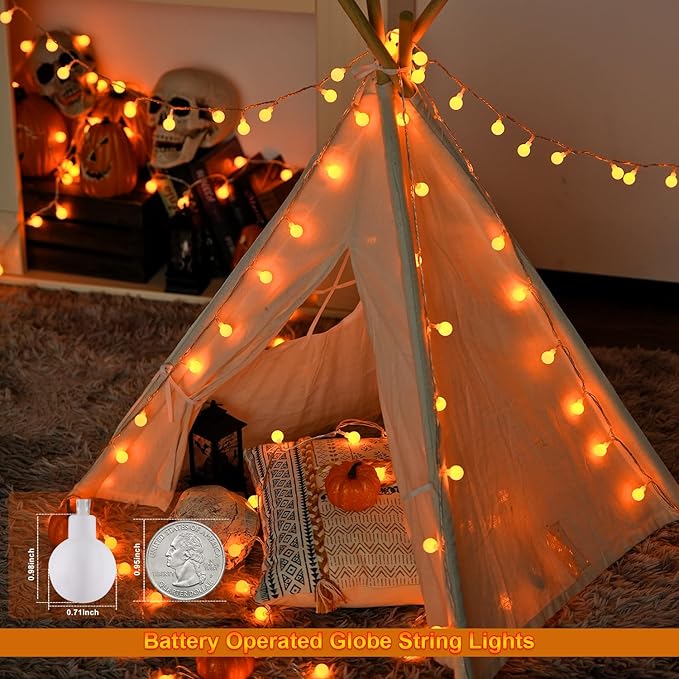 JMEXSUSS 100 LED Globe Orange Halloween Lights Battery Operated | 33ft 8 Modes Indoor Christmas Lights with Remote, Battery Powered Orange Lights Outdoor for Room Bedroom Party Patio Yard