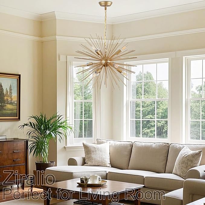 23.8" Modern Sputnik Chandelier 9-Lights Mid-Century Modern Starburst Golden Chandelier Luxury Gold Solid Metal Sputnik Satellite Chandeliers for Dining Room, Kitchen Island, Bedroom, E12