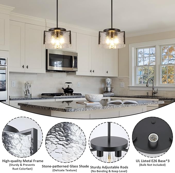 Black Chandelier for Dining Room Light Fixture, 3-Light Glass Entryway Light Fixture, Adjustable Pendant Lights Kitchen Island Modern Farmhouse Kitchen Foyer Chandelier for Entryway, Bedroom, Bathroom