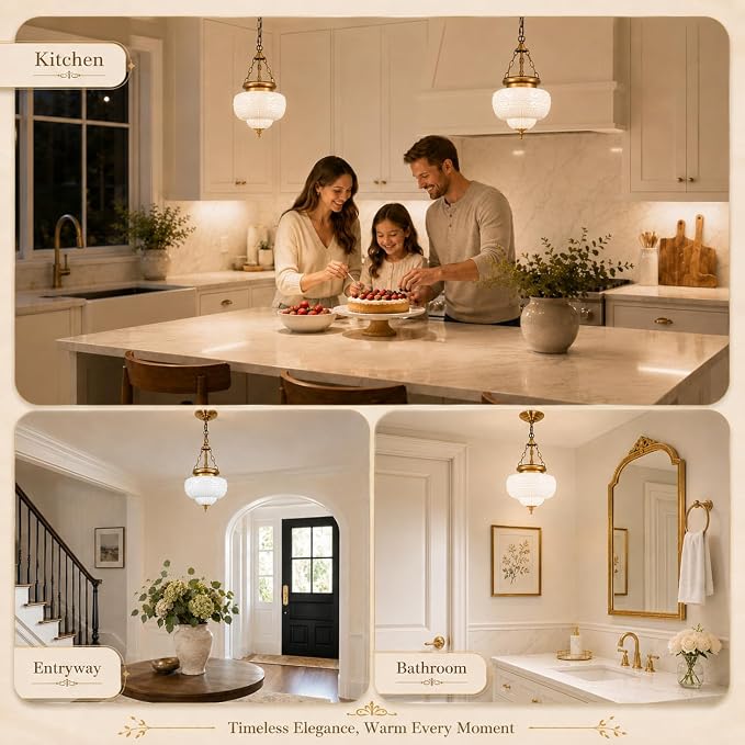 Vintage Brushed Antique Brass Pendant Light for Kitchen Island, Handblown Textured Milky Glass Hanging Light Fixture, Adjustable Height E26 Pendant Lighting for Dining Room, Entryway, Hallway