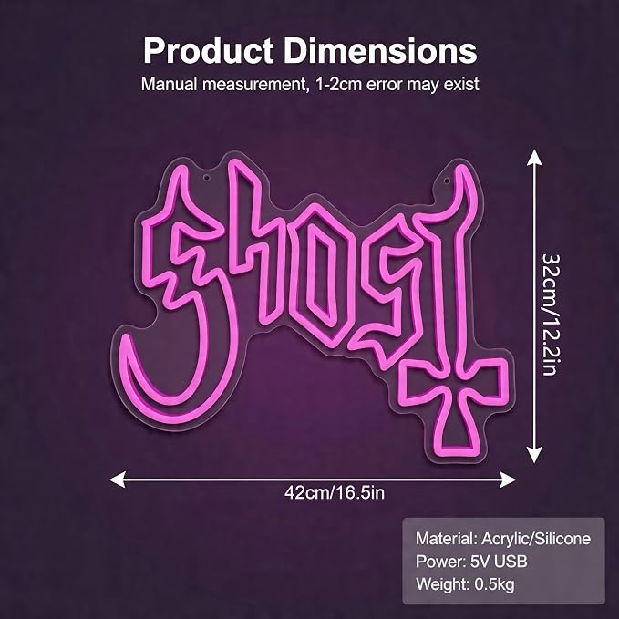 Ghost Neon Sign, Pink Neon Sign,Music Decor | Acrylic, Wall Mount, Gaming Theme, Contemporary Style, 12.2x16.5IN