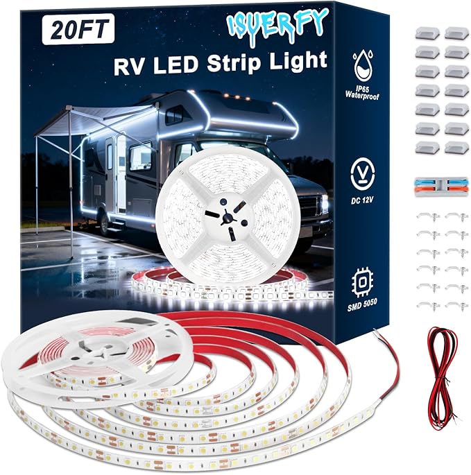 IP65 RV Awning LED Light Strip 12V 20FT for Exterior RV Capony Camper | Camper Lights for Motorhome Travel Trailer Concession Stands Food Trucks, Waterproof RV Exterior Underglow, Daylight White