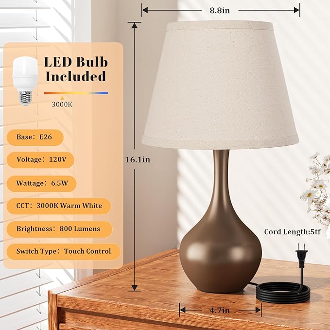 16.1" Touch Table Lamp for Nightstand, 3 Way Dimmable Small Bedroom Lamp | Touch Control, Set of 2, Bulb Included, Brown Bedside Lamps for Desk, Night Stands, Living Room, End Table, Corded