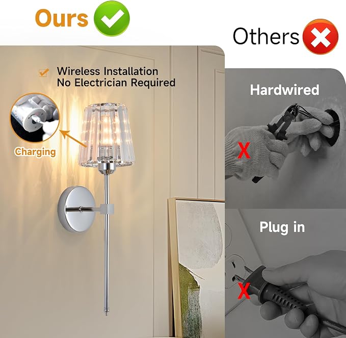 Battery Operated Crystal Wall Sconce Set of 2, Chrome Wireless Wall Sconce with USB Rechargeable LED Light Bulbs 12 Colors Dimmable Crystal Wall Lamp with Remote for Bedroom Living Room Bulbs Included