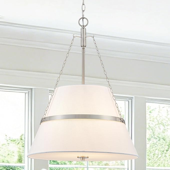 20" Brushed Nickel Drum Chandelier for Dining Room Linen Pendant Light | Modern Transitional, Large Fabric Drum Design, 4-Light, 3 Side Chains, for Kitchen Island,Adjustable Height,19.69"W × 26.38"H