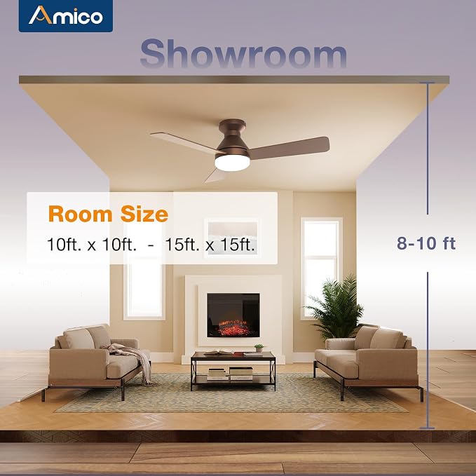 Amico 42 Inch Brown Low Profile Ceiling Fans with Lights and Remote | Flush mount, 3-color dimmable light, quiet reversible DC motor, easy install, memory, timer, bedroom, covered outdoor areas