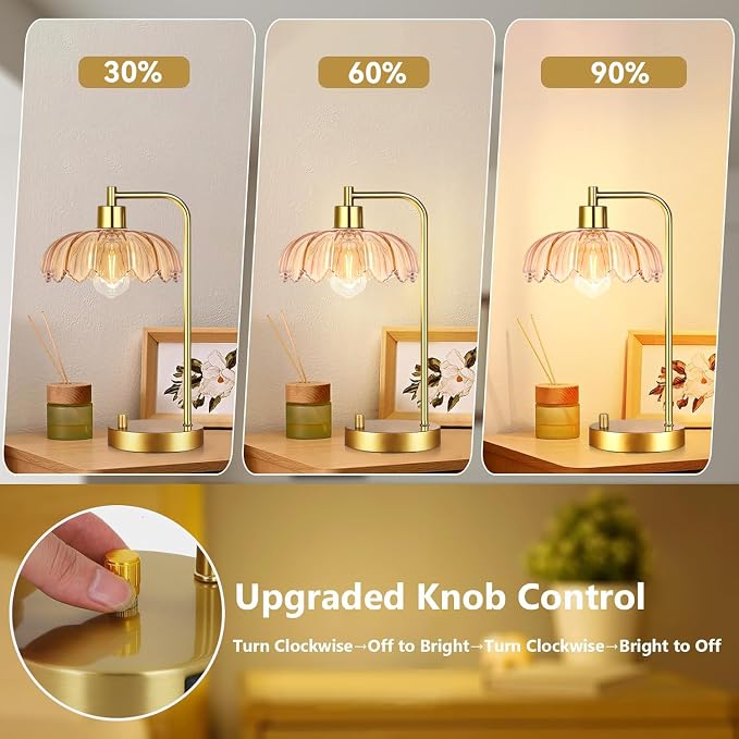 ILLMTW Glass Table Lamp Set of 2,Small Gold Bedside Lamps Dimmable Boho Bedroom Lamp with Tulip Flower Amber Lamp Shade,Vintage Mid Century Modern Mini Nightstand Lamp for Bedroom Living Room