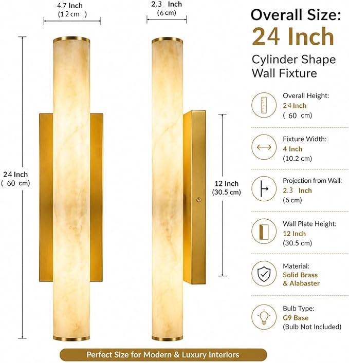 Alabaster Wall Sconces Set, 24in 3-Color Changing Spanish Natural Marble Wall Sconce, Hardwired Brass Gold LED Wall Fixture for Bathroom, Bedroom, Living Room, Hallway, Staircase (1 Pack)