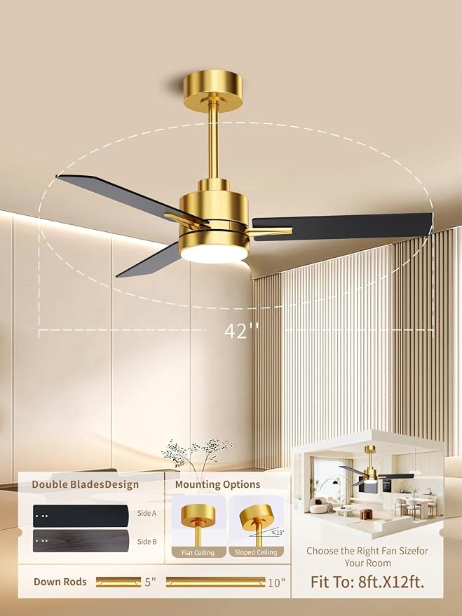 LANMEL Metal Ceiling Fan with Lights and Remote, 42 Inch, Gold & Black | Modern Low Profile Flush Mount, Reversible, 3CCT Dimmable, Quiet, LED, For Bedroom, Living Room, Indoor/Outdoor Patio Use