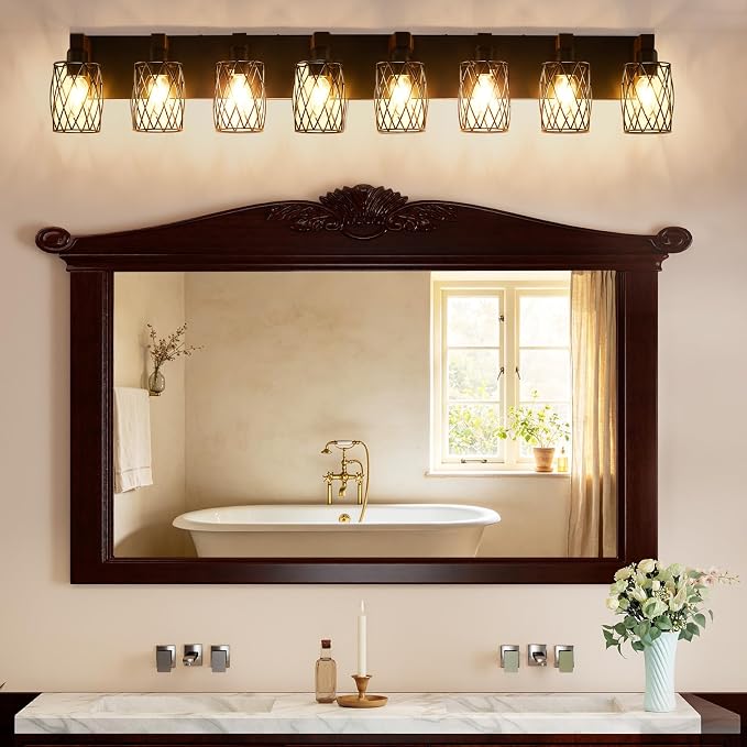 RVONOW 8-Light Farmhouse Bathroom Light Fixtures with Metal Shade | Rustic Bathroom Vanity Light with E26 Base for Bedroom Living Room Hallway, Black