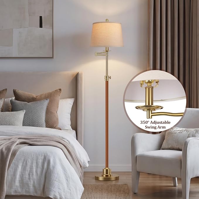 Vintage Floor Lamp for living room, Walnut Gold Farmhouse Standing Lamp with 350° Swivel Swing Arm, 56.6''-66'' Mid Century Modern Height Adjustable Tall Lamp for Bedroom Office(LED Bulb Included)