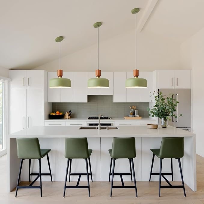 Modern Metal Green Pendant Light: 12" Chandelier Over Kitchen Island Sink | Wood Brushed Brass Mid Century Hanging Ceiling Light, Vintage Farmhouse Fixture for Dining Room Bedroom Hallway Entryway