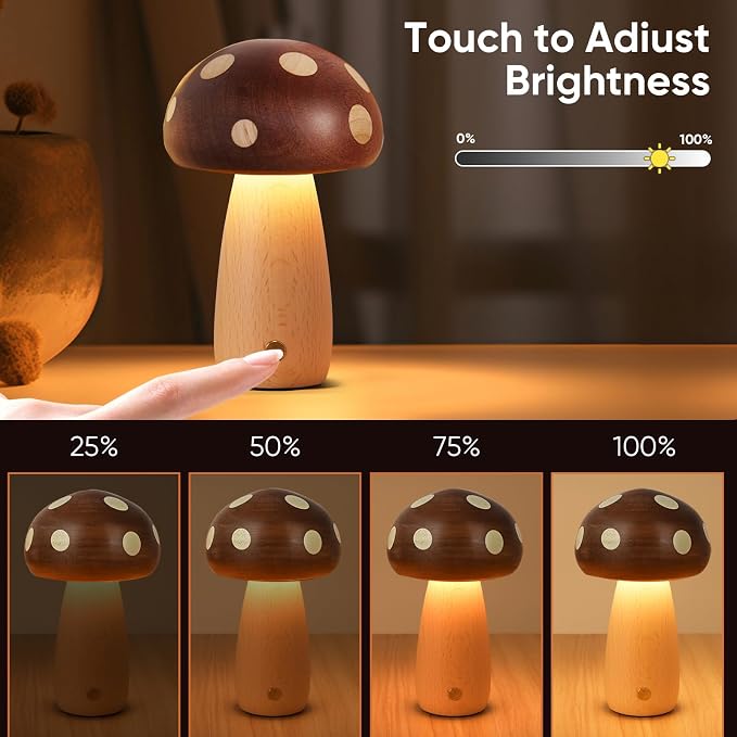 YIEONSHION LED Wood Mushroom Table Lamp, Rechargeable Cordless Touch Bedside Lamps, Wireless Stepless Dimming Night Light, Portable Battery Lamp for Bedroom Nightstand for Birthday Gifts (DMG-Big)
