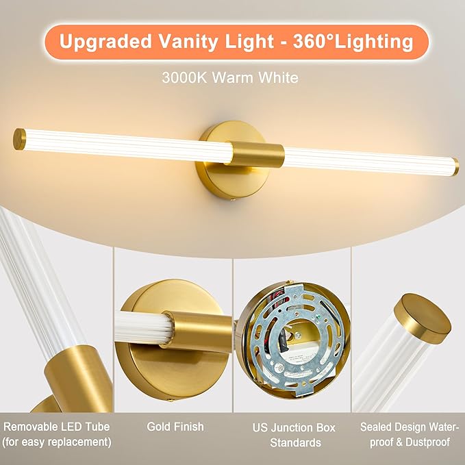 Dimmable LED Bathroom Vanity Lights 360° Full Lighting Bathroom Light Fixtures Over Mirror Vanity Light Bar Modern Wall Sconce Warm White for Bedroom Living Room Hardwired Gold, 31 inch