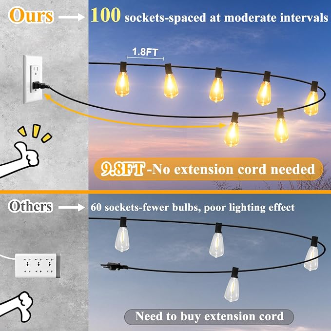 200FT Outdoor String Lights 104 Bulbs, 2200K Amber Lights | 4 Spare ST38 Edison Bulbs Dimmable, Connectable Plug-in LED Patio Lights for Outsiede, Cafe, Wedding, Christmas