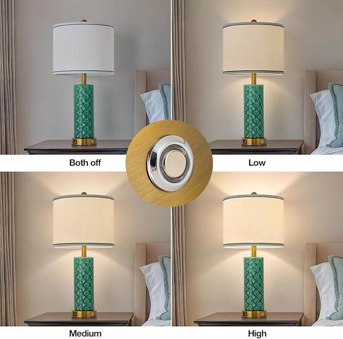 Set of 2 Table Lamp for Living Room Bedroom Farmhouse,26'' Touch Control Bedroom Turquoise Ceramic Lamps 3-Way Dimmable Bedside Lamps with USB A+C Ports Linen Shade for Home