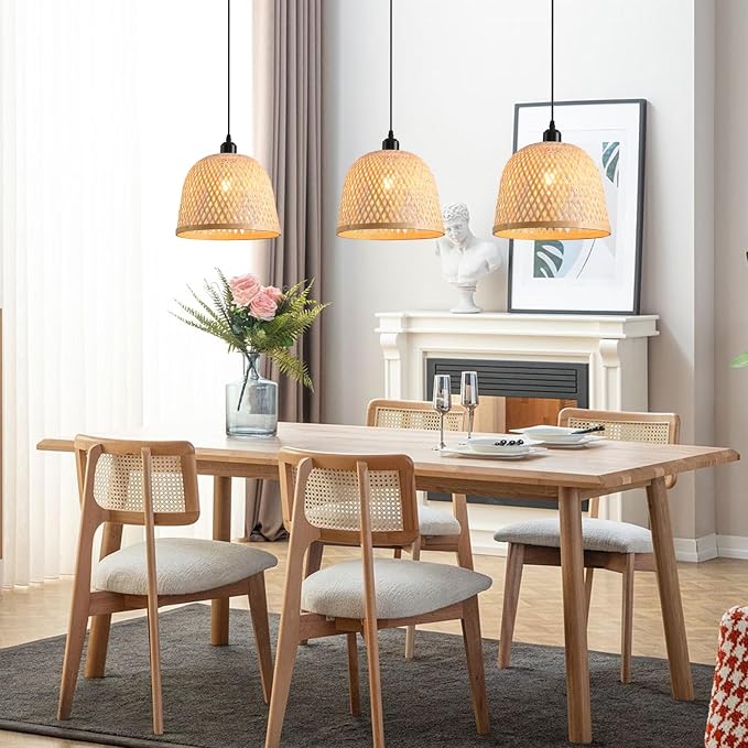 3-Pack Bamboo Pendant Light Mini Rattan Chandelier | 9.8" Boho Bamboo Rattan Pendant Lights,Hand Woven Rattan Chandelier for Kitchen Island Dining Bedroom Living Room