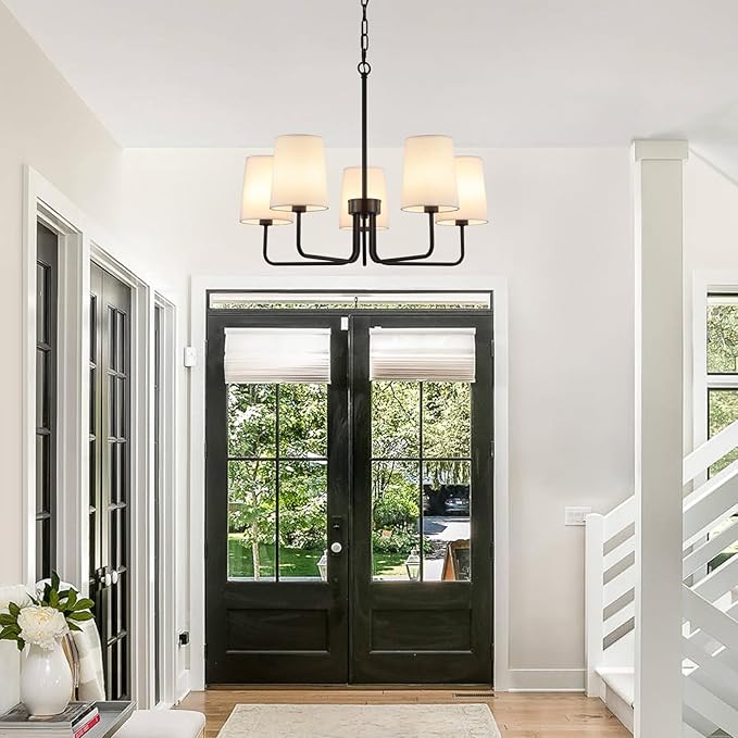 AMZASA Farmhouse Chandelier, Matte Black with White Fabric Shade, Farmhouse Linear Island Lighting Fixture for Kitchen, Dining Room (5-Light Matte Black with Fabric Shades)