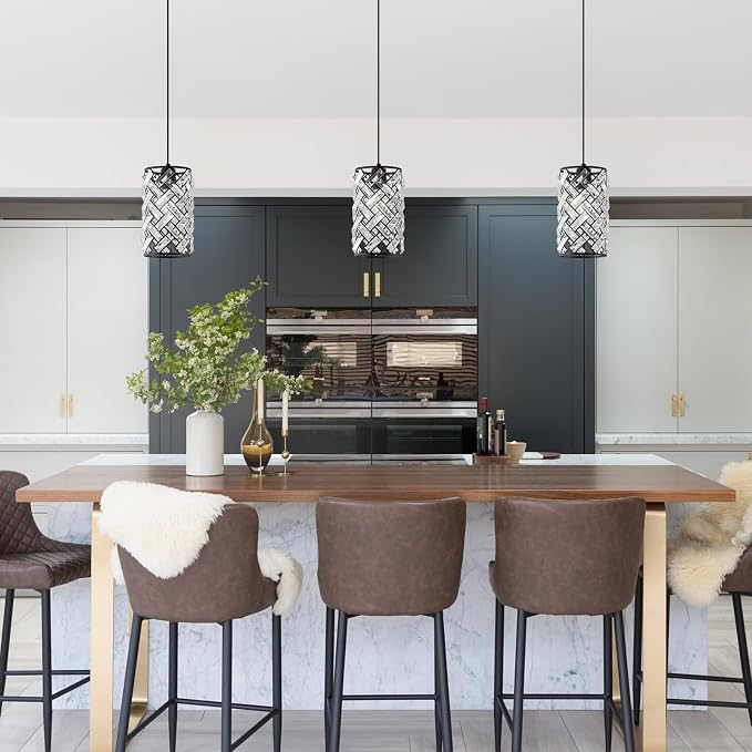 CATINER Modern Black Crystal Pendant Light Fixture, Mini Chandelier 3-Pack for Kitchen Island, Dining Room, Living Room, Hallway, Porch, Bedroom Lighting