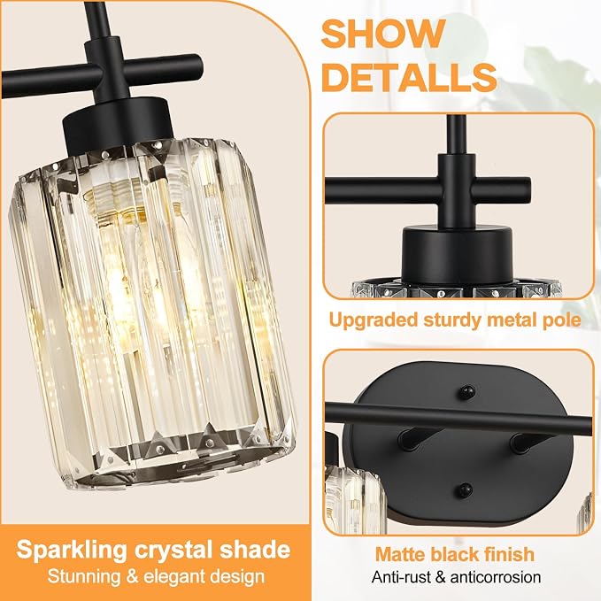 2-Light Matte Black Crystal Bathroom Vanity Light, Modern Bathroom Lighting Fixture Over Mirror, K9 Crystal Bathroom Wall Light with Round Shades, E26 Base(Bulbs Not Included)