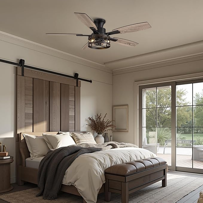 52 Inch Ceiling Fans with Lights and Remote & APP Control, Farmhouse Ceiling Fan with LED Lighting for Bedroom Living Room and Patio, Black Caged Ceiling Fan for Indoor and Outdoor(NO BULBS）