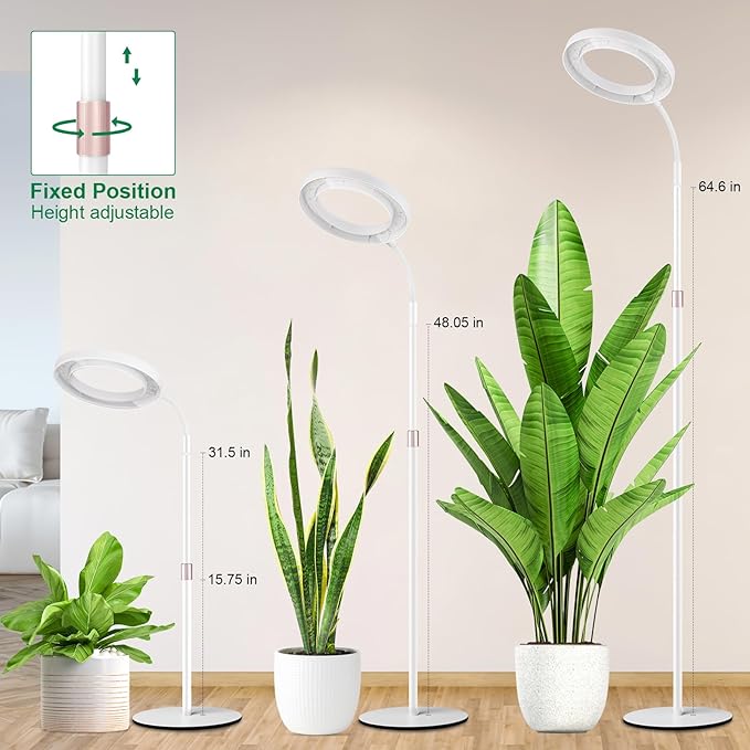 LBW Full Spectrum Grow Light with Stand for Large & Tall Indoor Plants, Adjustable Height 48.8–68'', Auto Cycle Timer 4/8/12H, 4-Level Dimmable Floor Plant Light (White)