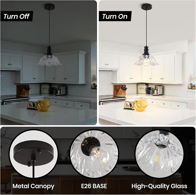 Vintage Pendant Light Fixture, Flower Pendant Light with Glass Shade, Adjustable Height Pendant Light for Kithcen Island, Dining Room, Living Room, Bathroom, Bedroom, Sink