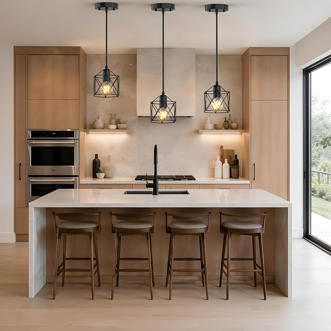 3 Light Pendant Lighting, Farmhouse Hanging Light Fixture for Kitchen Island & Dining Room, Industrial Vintage Ceiling Lamp with E26 Base, Adjustable Height, Matte Black