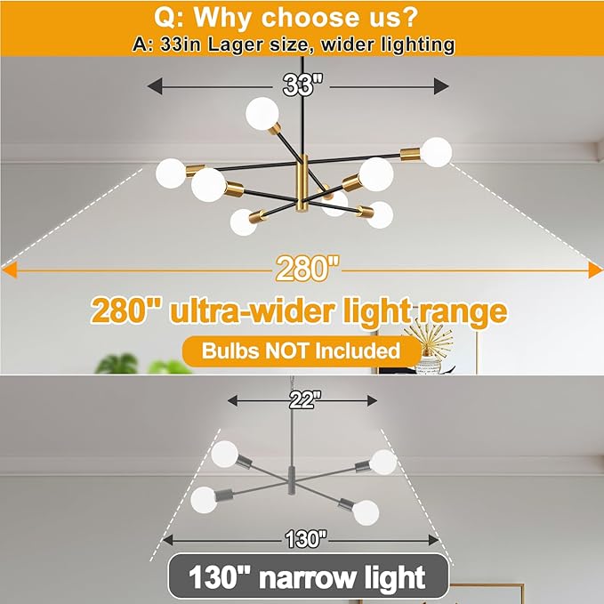 Sputnik Chandeliers Dining Room Light Fixture (8-Light, 30-Inch), Modern Brushed Gold and Black Chandelier, Height Adjustable Mid Century Modern Chandeliers for Dining Room (Bulbs Not Included)