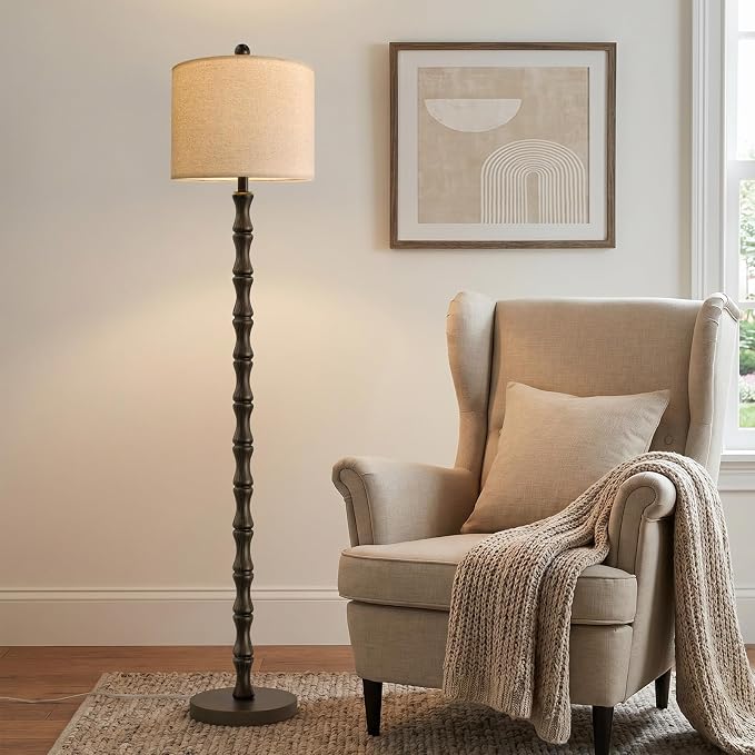 62" Farmhouse Floor Lamp for Living Room, Rustic Standing Lamp with Linen Shade and Rotary Switch, Resin Corner Floor Lamp for Bedroom, Dining Room, Office, Home Decor, Dark Brown