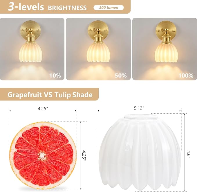 Vintage Battery Operated Wall Sconce, White Tulip Glass Lampshade Wireless Rechargeable Battery Powered LED Wall Light with Remote Dimmable for Bedside Bedroom Doorway Living Room, Set of 2