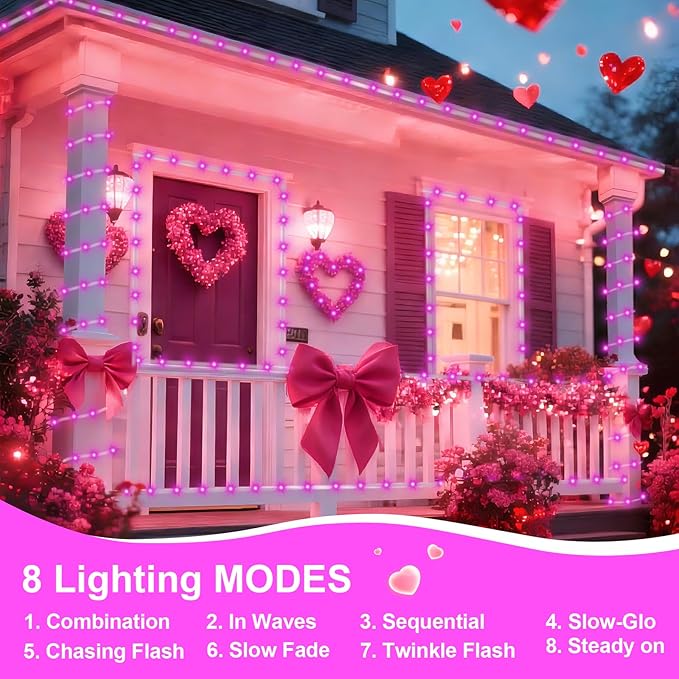 QITONG Pink Solar Rope Lights Outdoor, 2 Pack Each 33ft 100 LED String Light, 8 Modes Fairy Lights in Clear Thin Tube with 8 Modes