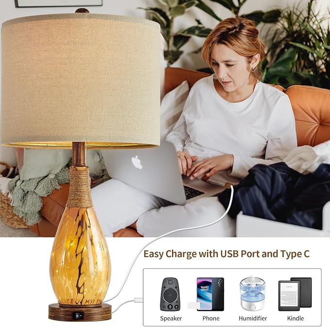 23" USB A+C Table Lamp for Bedroom Living Room Modern Bedside Lamps Retro Farmhouse Rattan Glass Nightstand Nightlight Lamps (Amber),Two Light Points
