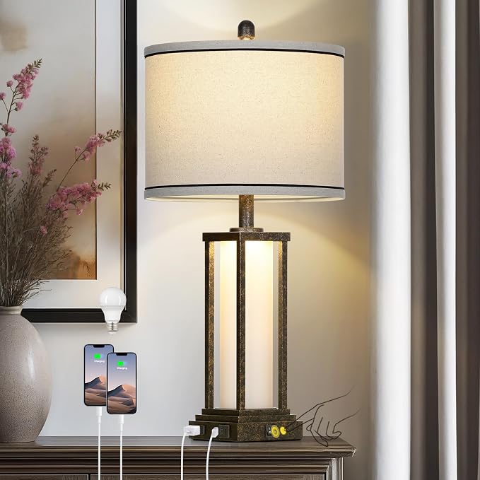 27" Tall Vintage Table Lamp with USB C+A & Outlet,Bronze Industrial End Table Lamp for Living Room,Farmhouse Rustic Bedside Lamp with Frosted Glass Night Light for Bedroom Nightstand,Bronze-1P