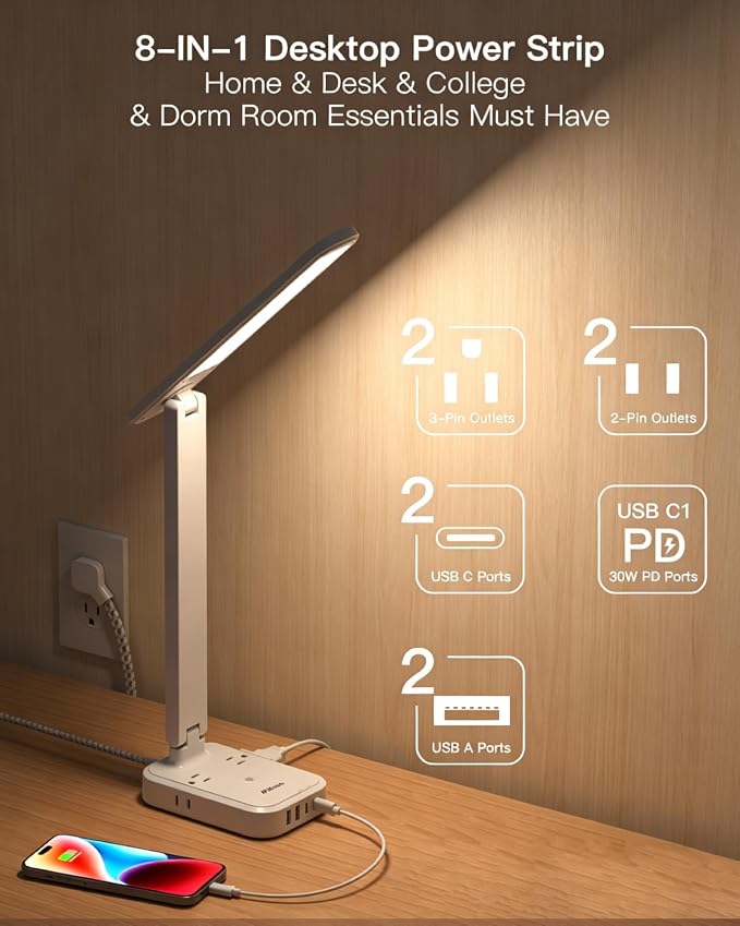 Mifaso 8-in-1 LED Desk Lamp with Power Strip, PD 30W Touch Desk Lamp, 4 Outlets & 4 USB Ports, Eye-Caring Dimmable Table Lamp with 5FT Extension Cord for Home Office College Dorm Room Essentials