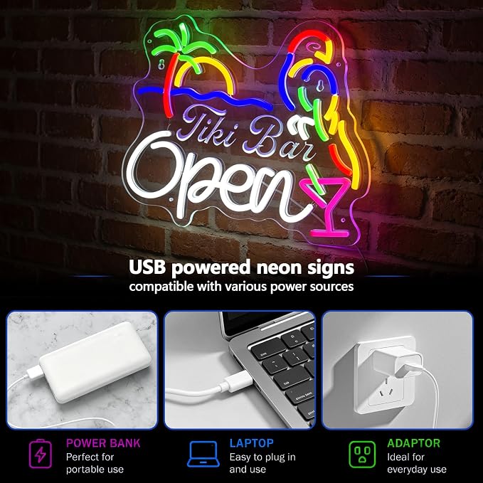 Bar Open Neon Sign for Wall Decor, USB Powered Dimmable LED Open Sign for Business, Tropical Open Neon Signs with Parrot & Palm Tree for Man Cave/Pub//Party/Office/Home Wall Decor (White)