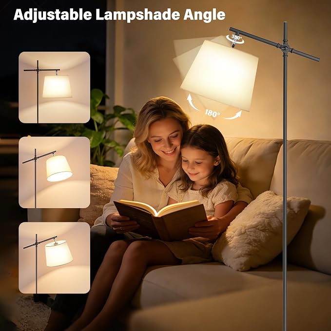 Floor Lamp with Linen Shade, Dimmable Tall Standing Lamp with Remote Control & 3 Color Temperatures Bulb, Modern Swing Arm Floor Lamps for Living Room Bedroom Office Corner