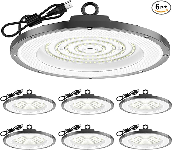 AIKVSXER 200W UFO High Bay Light 6 Pack, 6000K LED Shop Lights Plug & Play | 30000LM Commercial Bay Lighting IP65 Waterproof Garage Light, CRI>85 No Flicker, 120° Beam Angle, 5ft Cable 60000hrs Lifespan