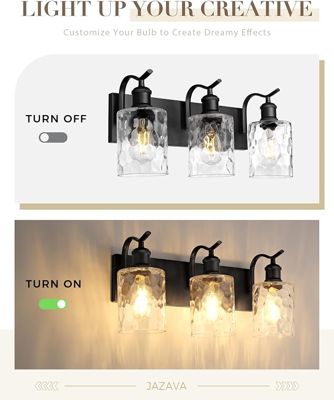 3-Light 20 Inch Bathroom Vanity Light,Hammered Glass,Black | Over Mirror Wall Light,E26 sockets,for bathroom mirror,powder room,dressing area,wall-mounted vanity lighting