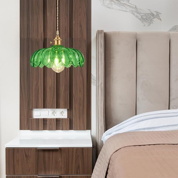 Grass Green Glass Pendant Light Fixtures Medium 9.8 Inches Lampshade Gold Brass Finish and Switch Vintage Pendant Ceiling Lamp Copper Pendant Lighting (Grass Green)
