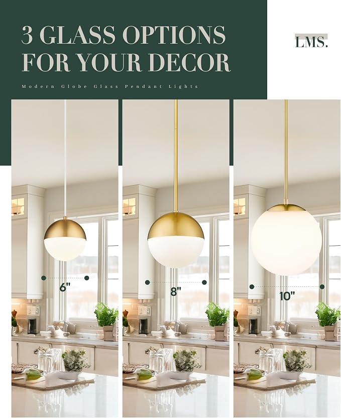 10 Inch Globe Pendant Lights, Brushed Gold Mid Century Kitchen Island Light Fixtures with White Globe Glass Shade, Adjustable Hanging Rod, Dining Room Kitchen, LMS-186PL-BGW-10