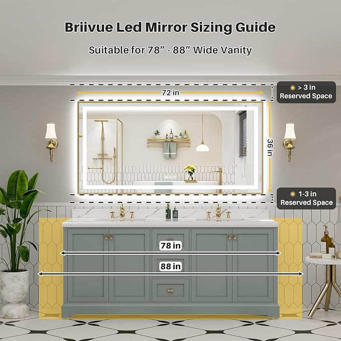 72x36 Inch LED Bathroom Mirror with Gold Frame, Backlit & Front Lit | Anti-fog, 3 Color Dimmable, Memory Function, HD Reflection Tempered Glass, ETL Listed, IP54 Waterproof