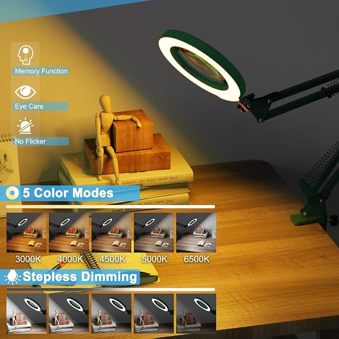 10X Magnifying Glass with Light and Clamp, Real Glass Stand Lighted Magnifier, 5 Color Modes Stepless Dimmable LED Desk Lamp Hands Free for Crafts Hobby Reading Painting Sewing Close Work - Green
