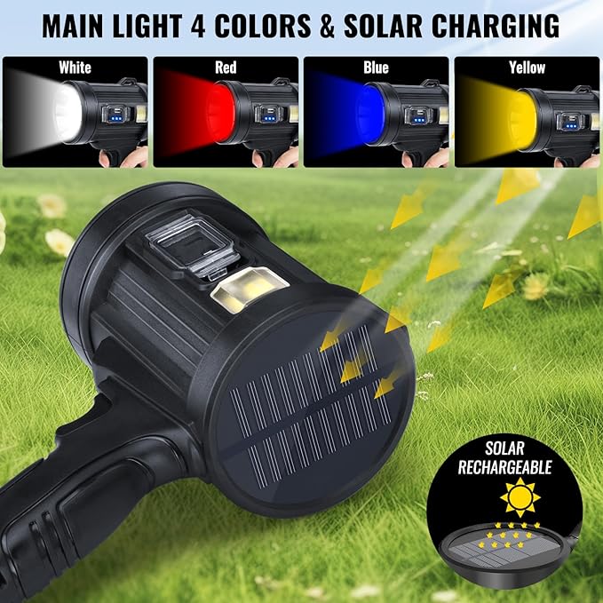 Sigoobal Rechargeable Spotlight,2000000 LM Super Bright Handheld Spot Light LED Flashlight High Lumens,Powered Spotlight Large Searchlight Outdoor with Solar Panels for Boating Camping Hunting