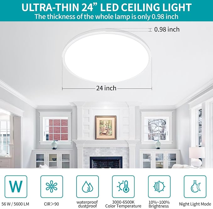 24'' Large Flush Mount Ceiling Light Fixture Dimmable with Remote Control | 56W 5600Lm, Ultra Thin, Modern, Round, White Led Ceiling Lamp for Kitchen Dining Room Bedroom Living Room Home Office