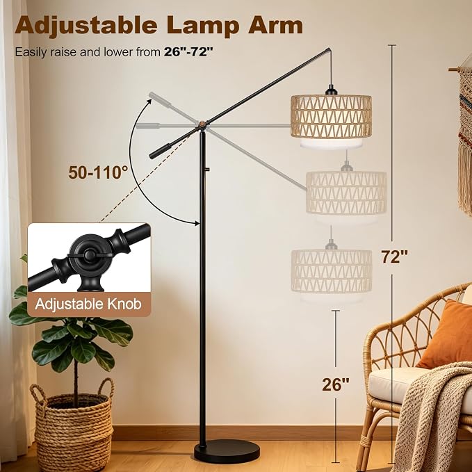 【Upgraded】Boho Arc Floor Lamp with Adjustable Swing Arm, Farmhouse Rustic Floor Lamp with Rattan & Fabric Shades, Rattan Standing Lamp with 11W Bulb, Tall Lamp for Living Room Bedroom Office, Black
