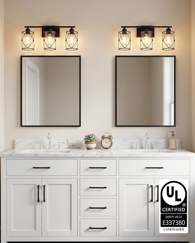 3-Light Oil Rubbed Bronze Bathroom Light Fixtures Over Mirror, 21" UL-Listed Modern Farmhouse Wall Sconce Lights with Clear Glass and Metal Cage for Bath, Hardwire E26, CH9176ORB-3W
