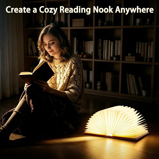 Uniwolk Book Lover Gift | Foldable Rechargeable Book Light, 5 Color Modes | Bookshelf Lantern Paper Lamp | Reading Nooks & Home Decor, Bookish Gifts for Readers & Women, Mini Library & Bookshelf Decor